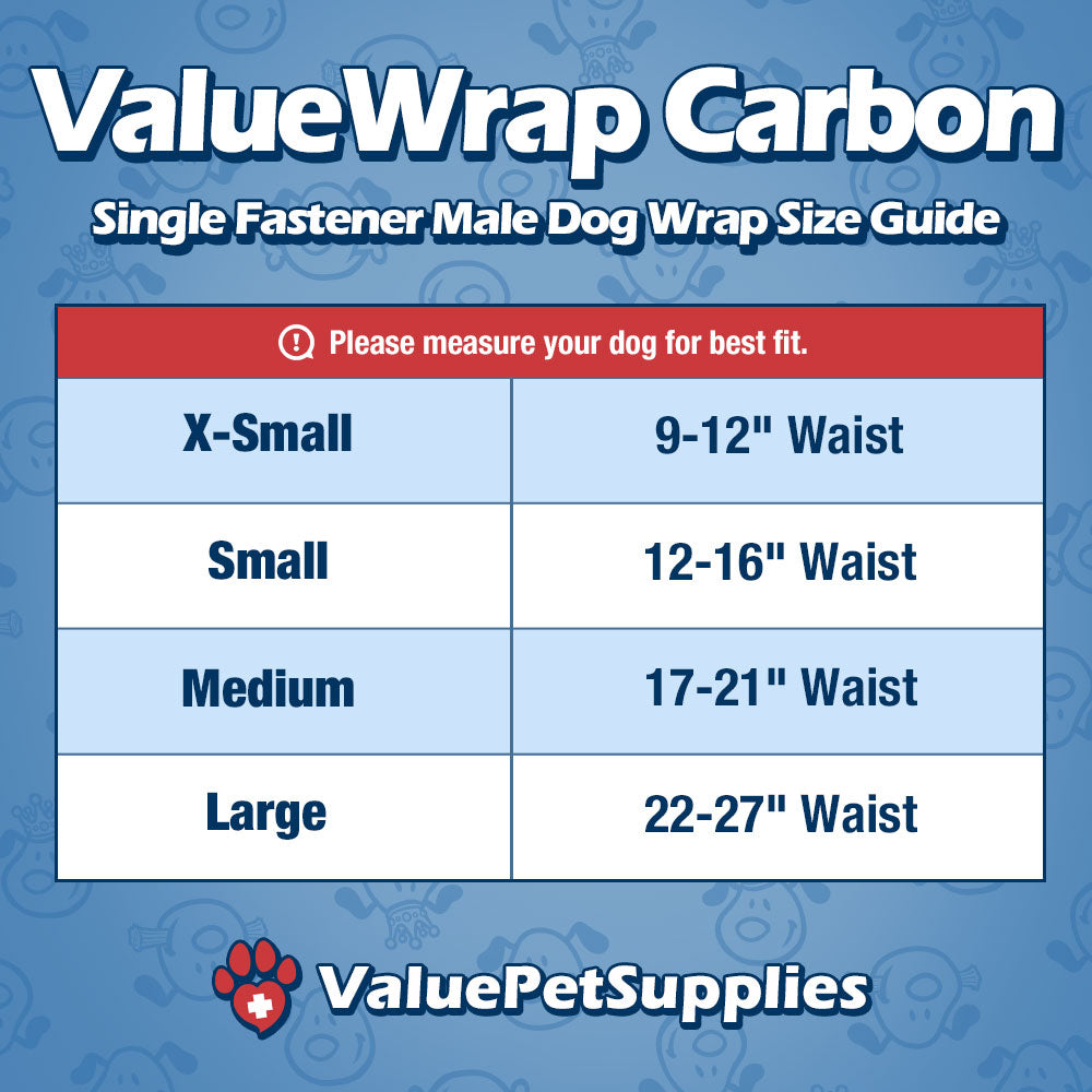 ValueWrap Male Wraps, Disposable Dog Diapers, Carbon, 1-Tab Extra Small, 288 Count BULK PACK - Activated Charcoal, Snag-Free Fastener, Leak Protection, Wetness Indicator 